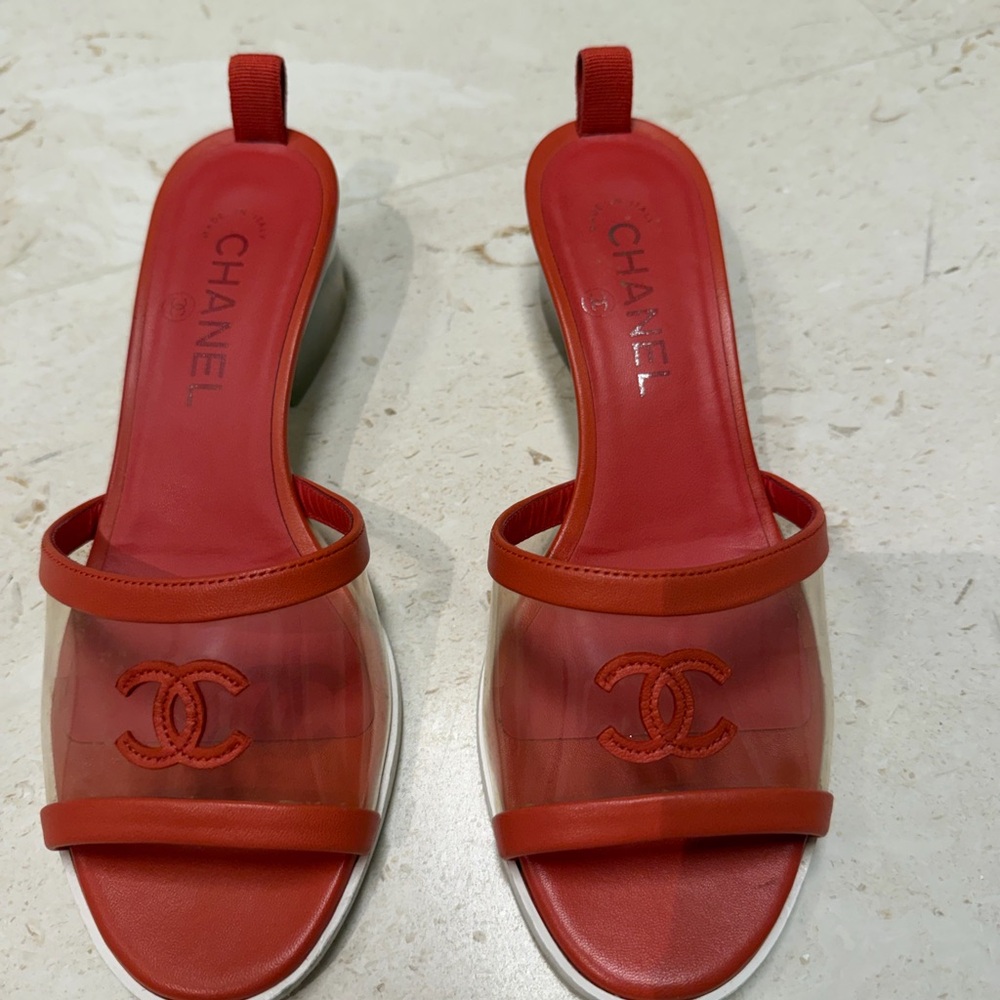 CHANEL Red Sandals with CC Emblem (PVC Slides) Size 38